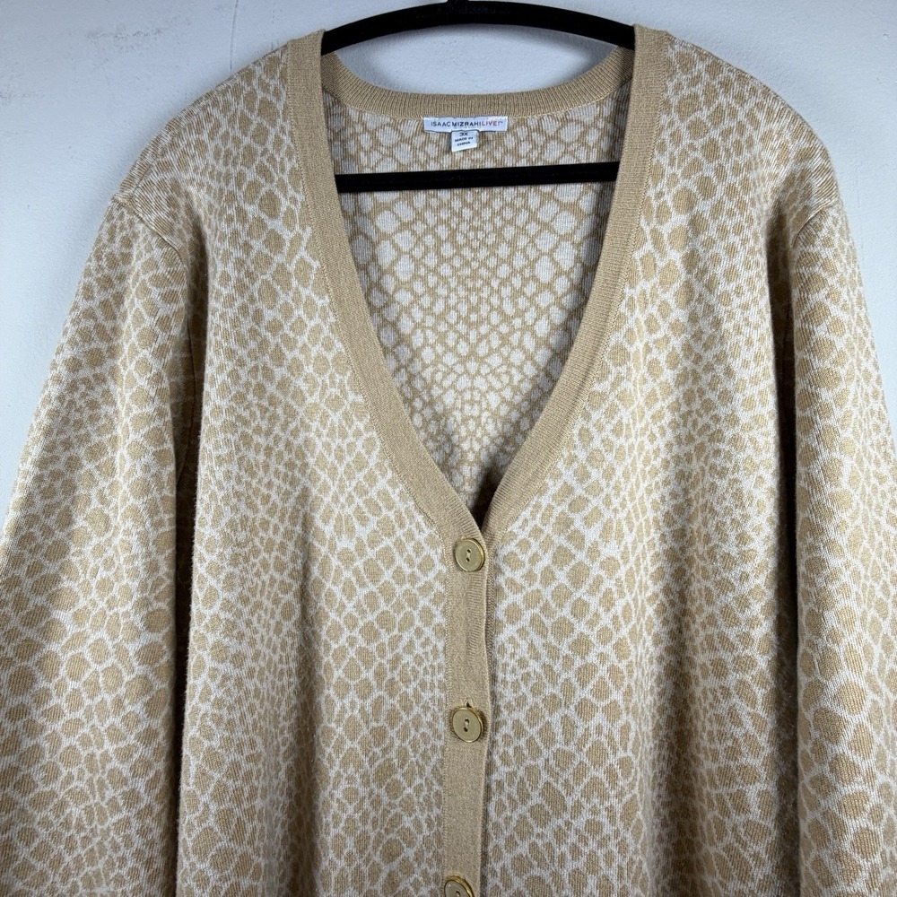 Isaac Mizrahi 3X Tan‎ V-Neck Cardigan Sweater Animal Print Heavy Officecore